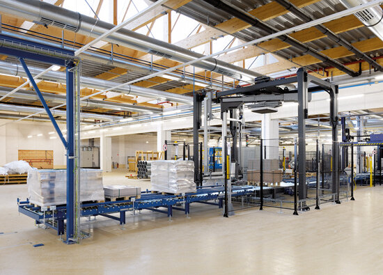 Conveyor line with automatic contour control, strapping, wrapping and labelling for pallets of different dimensions Conveyor line with automatic contour control, strapping, wrapping and labelling for pallets of different dimensions